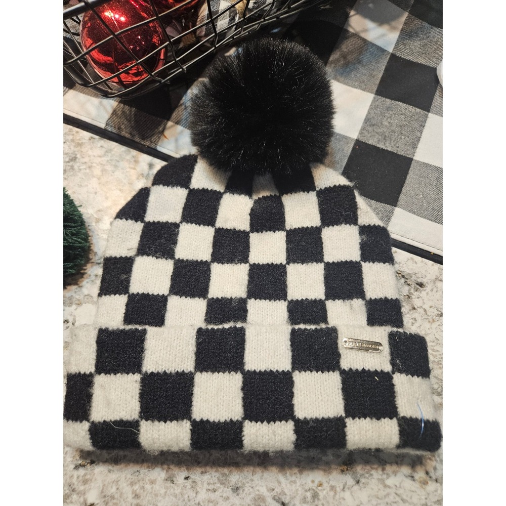 Steve Madden Beanie Checkerboard Black White Pom Pom Knit Winter Hat